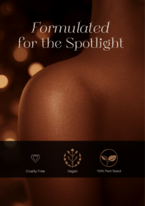Olori Shake & Shine promotional graphic reading Formulated for the Spotlight, with Cruelty-Free, Vegan, and 100% Plant-Based icons, over a close-up of glowing shoulder skin